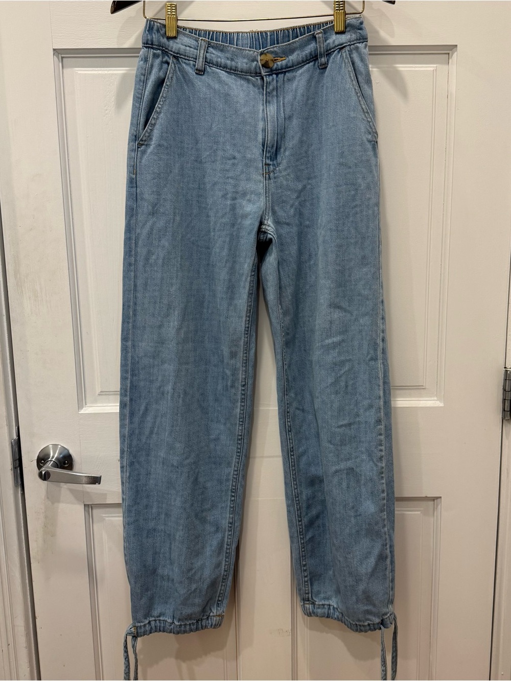 Zara Light Wash Denim Joggers High Waist Adjustable Ankle Ties Coastal Size S